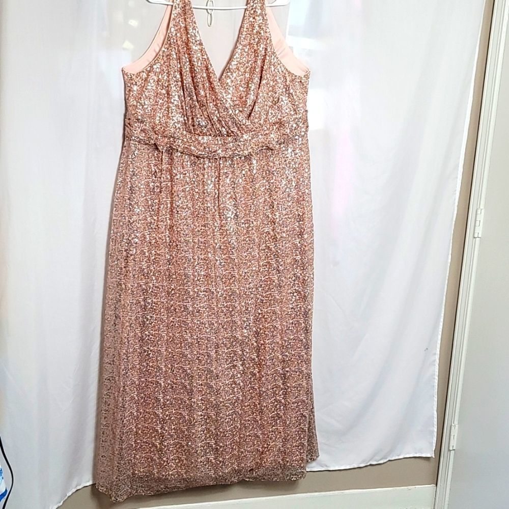 David's Bridal Rose Gold Sequin V-Neck Evening Gown